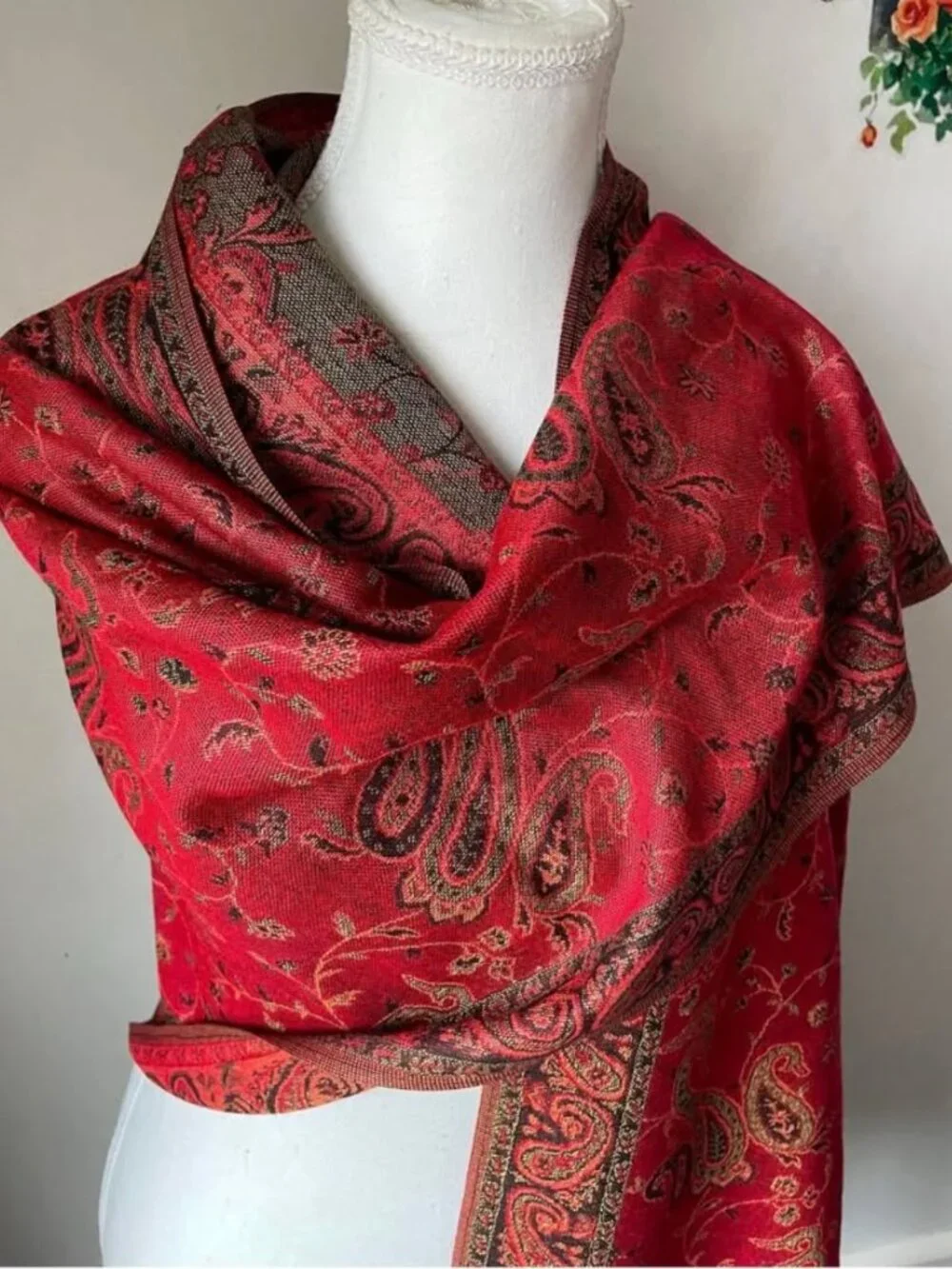 Red Paisley Pashmina Scarf for women , Festival shawl, Gift Rave, Bohemian